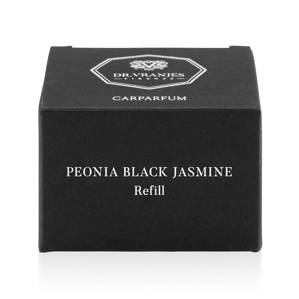 Eclectic Dr Vranjes Peonia Black Jasmine Carparfum refill box in black packaging with white elegant typography