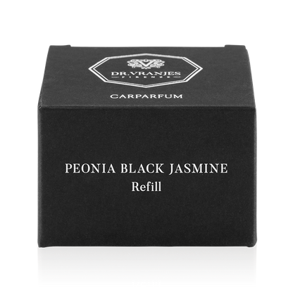 Eclectic Dr Vranjes Peonia Black Jasmine Carparfum refill box in black packaging with white elegant typography