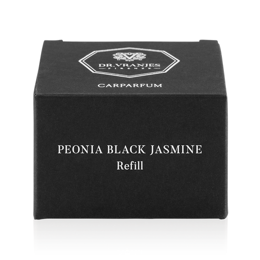 Eclectic Dr Vranjes Peonia Black Jasmine Carparfum refill box in black packaging with white elegant typography