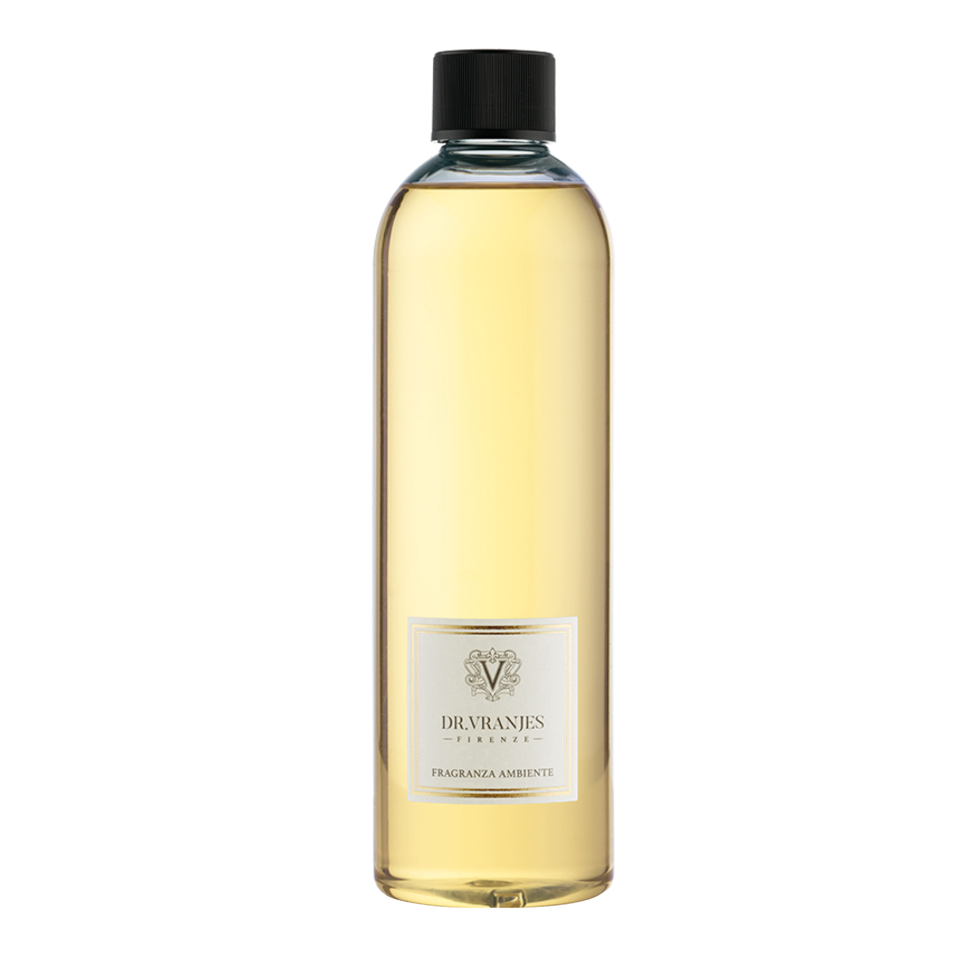 Eclectic Dr Vranjes Rosa Tabacco diffuser refill bottle with golden fragrance oil and black cap