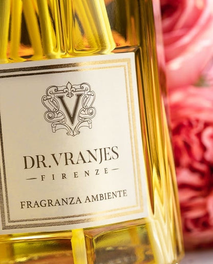 Eclectic Dr Vranjes Rosa Tabacco reed diffuser in a glass bottle with floral accents