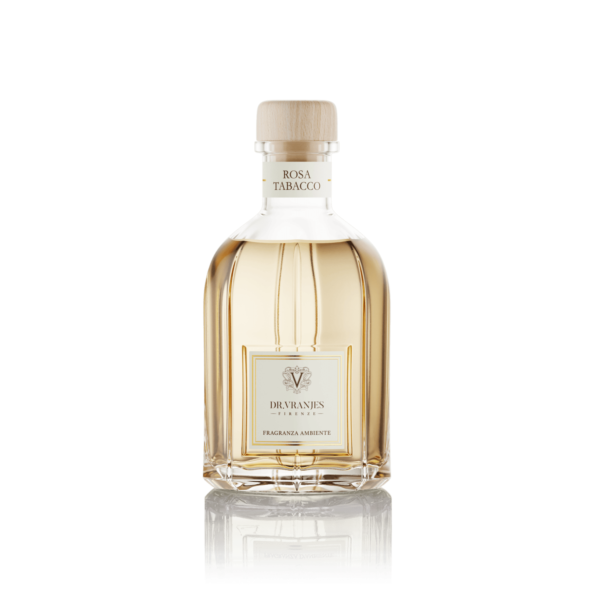 Eclectic Dr Vranjes Rosa Tabacco reed diffuser in a signature glass bottle with a light wooden cap.