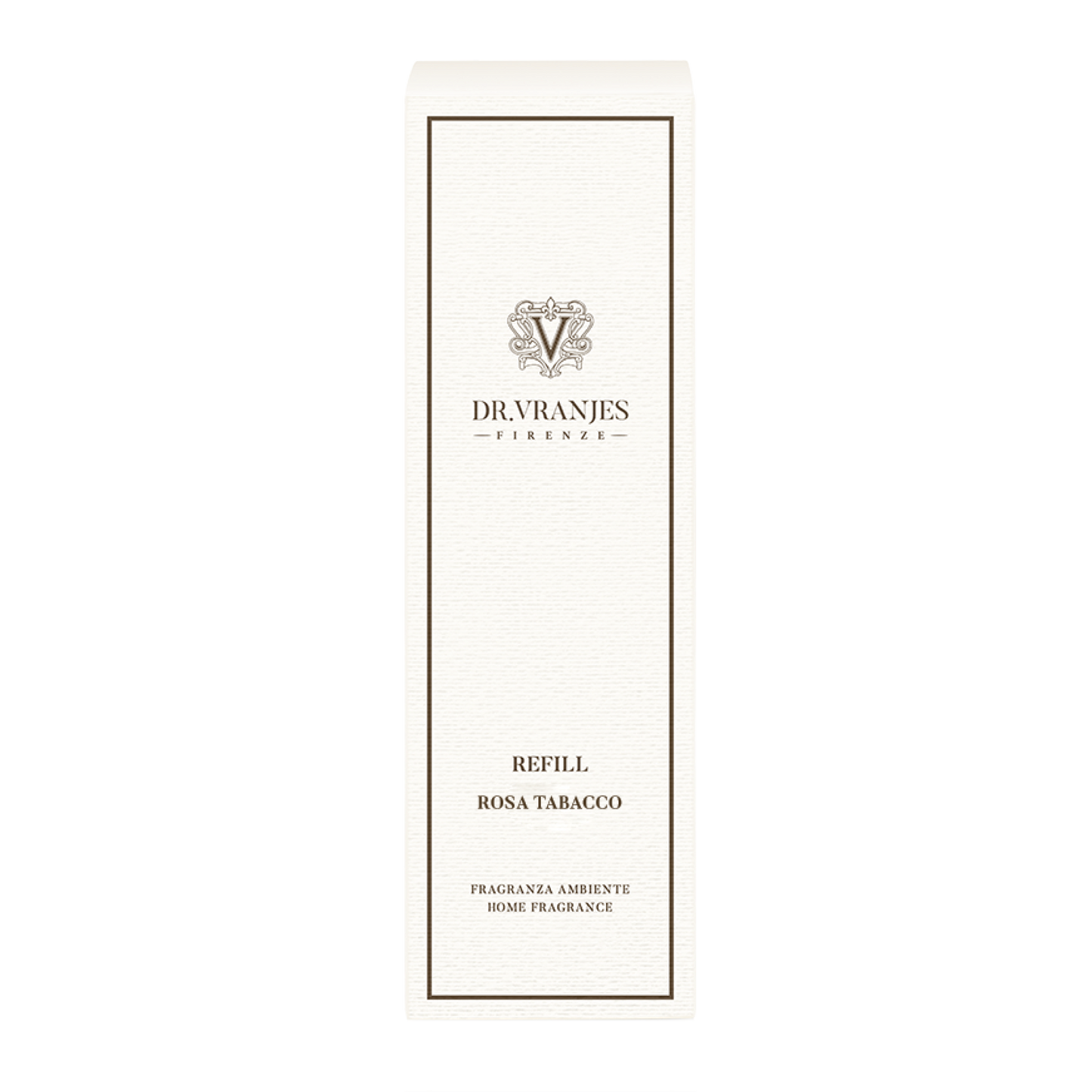 Eclectic Dr Vranjes Rosa Tabacco diffuser refill bottle in elegant white packaging with dark brown border details.