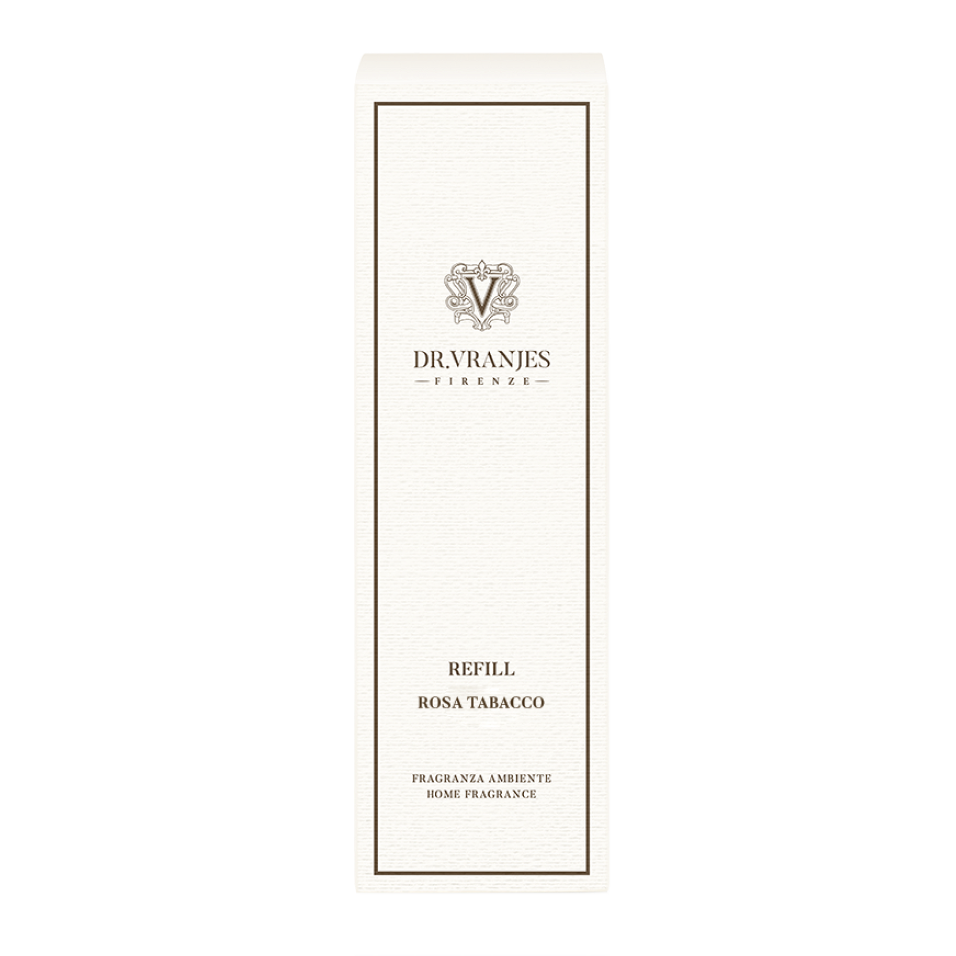 Eclectic Dr Vranjes Rosa Tabacco diffuser refill bottle in elegant white packaging with dark brown border details.
