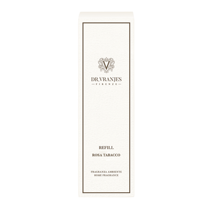 Eclectic Dr Vranjes Rosa Tabacco diffuser refill bottle in elegant white packaging with dark brown border details.