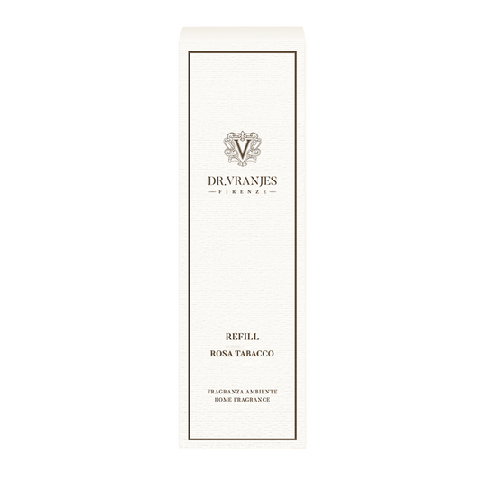 Eclectic Dr Vranjes Rosa Tabacco diffuser refill bottle in elegant white packaging with dark brown border details.