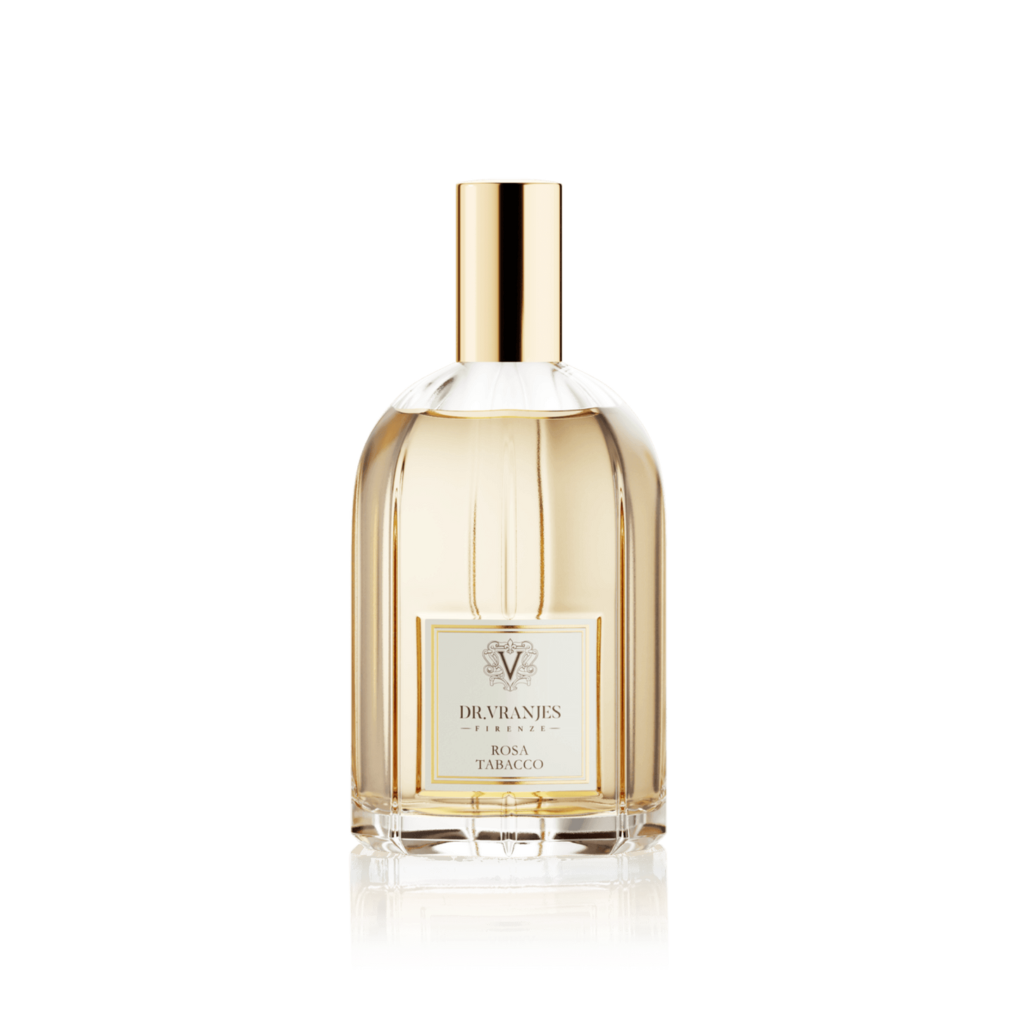 Eclectic Dr. Vranjes Rosa Tabacco room spray in a clear glass bottle with a gold cap against a black background.