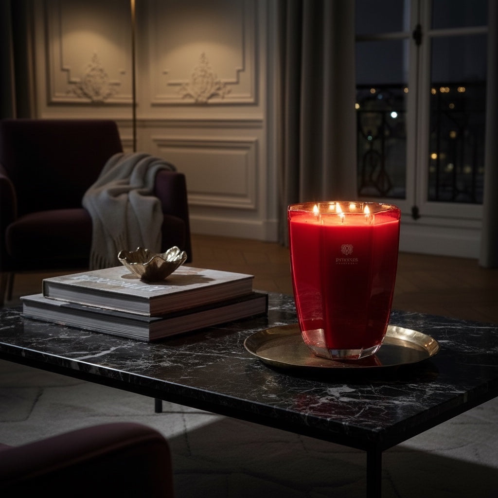 Eclectic Dr. Vranjes Rosso Nobile scented candle in a tourmaline glass vase glowing on a black marble coffee table.