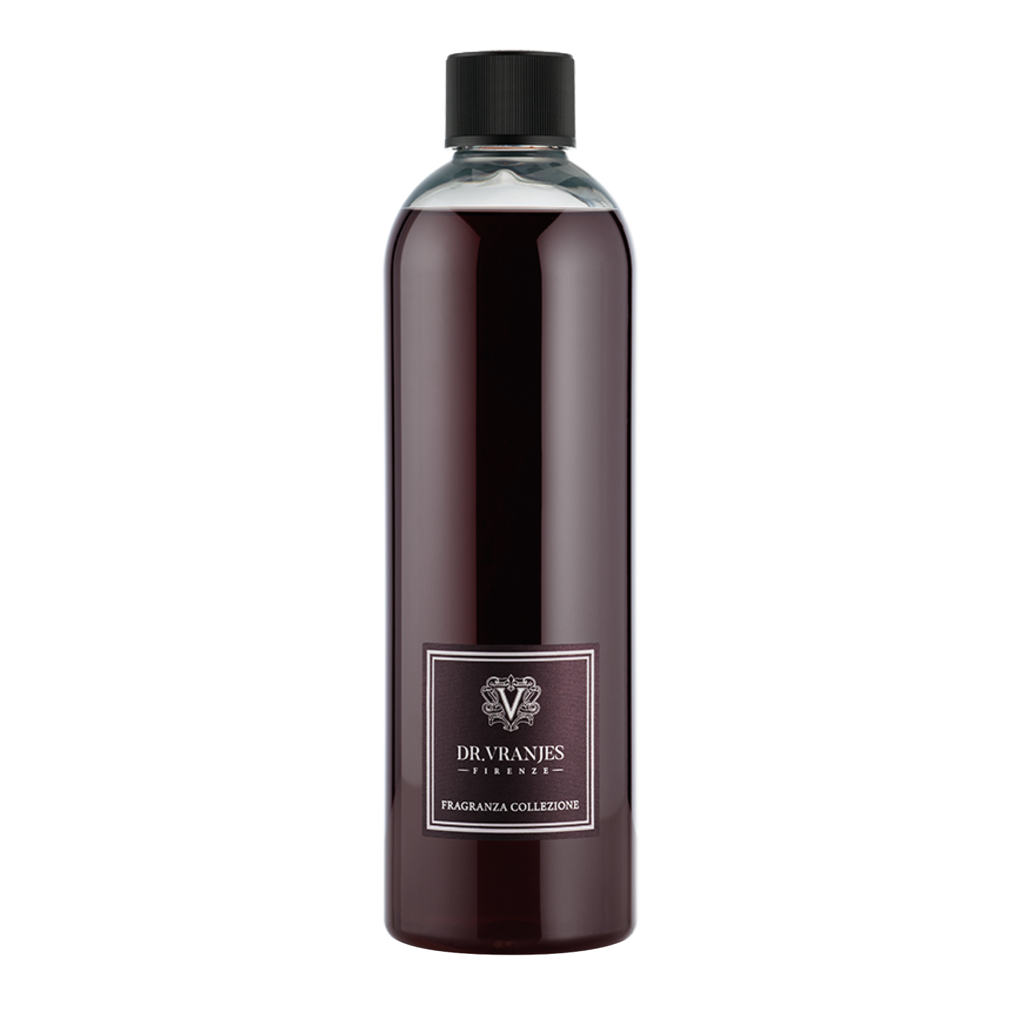 Eclectic Dr Vranjes Rosso Nobile diffuser refill bottle with deep red fragrance liquid on a black background.