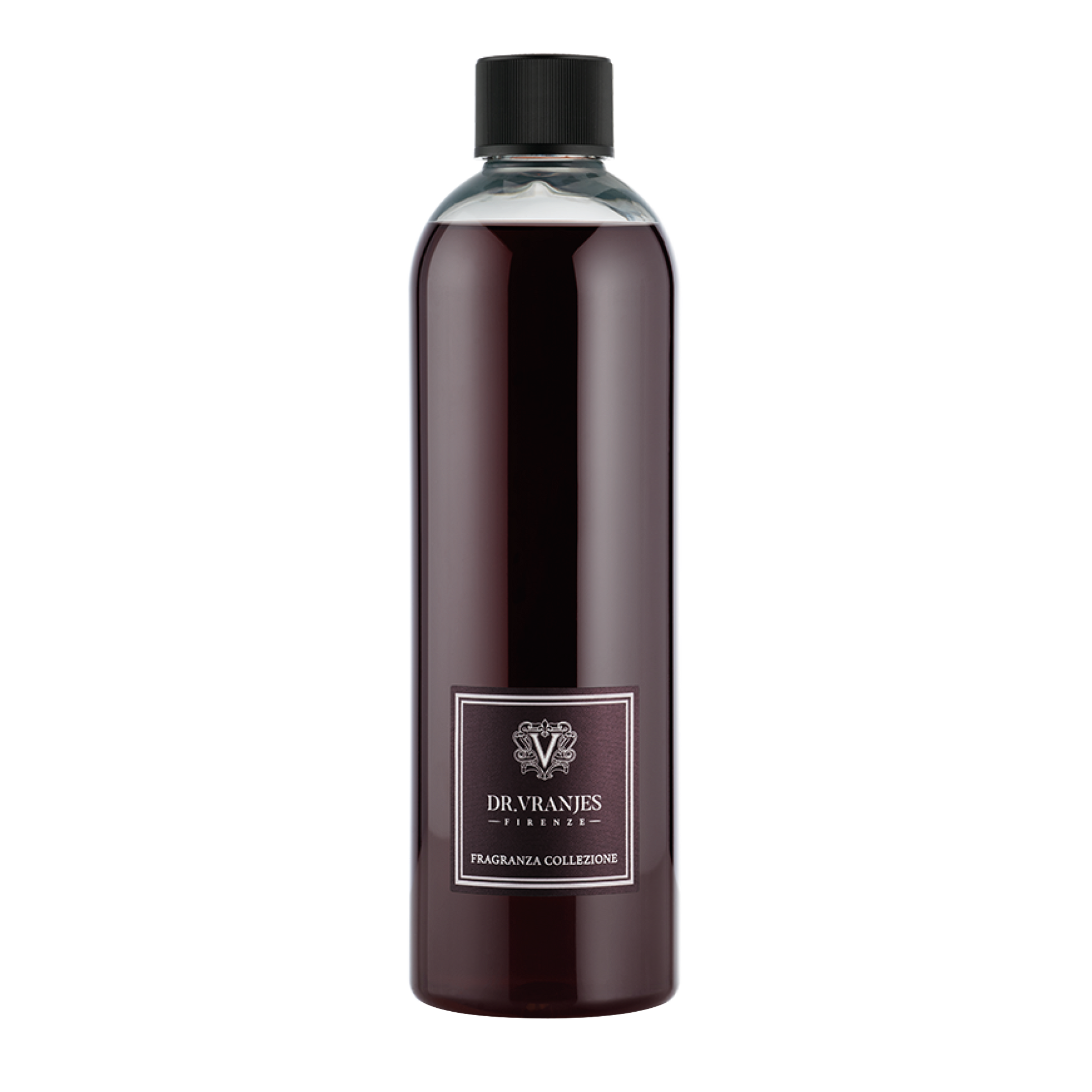 Eclectic Dr Vranjes Rosso Nobile diffuser refill bottle with deep red fragrance liquid on a black background.