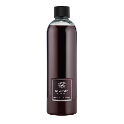 Eclectic Dr Vranjes Rosso Nobile diffuser refill bottle with deep red fragrance liquid on a black background.