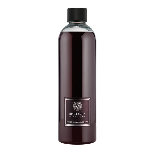 Eclectic Dr Vranjes Rosso Nobile diffuser refill bottle with deep red fragrance liquid on a black background.