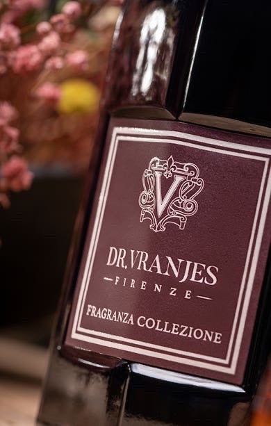 Close-up of the elegant label on a Dr Vranjes Rosso Nobile reed diffuser bottle from Eclectic
