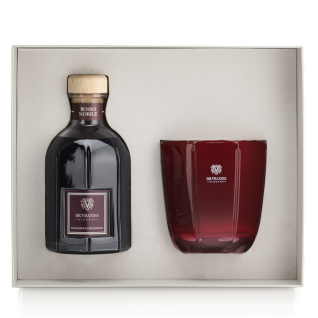 Eclectic Dr. Vranjes Rosso Nobile luxury gift set featuring a 500ml reed diffuser and a ruby-red glass scented candle.