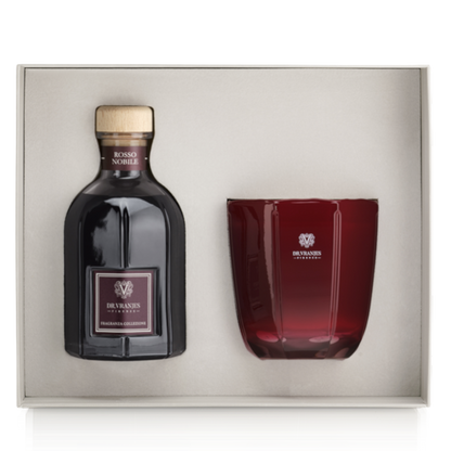 Eclectic Dr. Vranjes Rosso Nobile luxury gift set featuring a 500ml reed diffuser and a ruby-red glass scented candle.