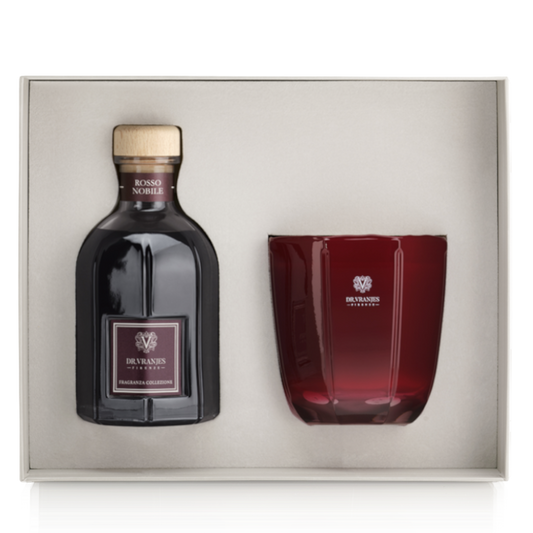 Eclectic Dr. Vranjes Rosso Nobile luxury gift set featuring a 500ml reed diffuser and a ruby-red glass scented candle.