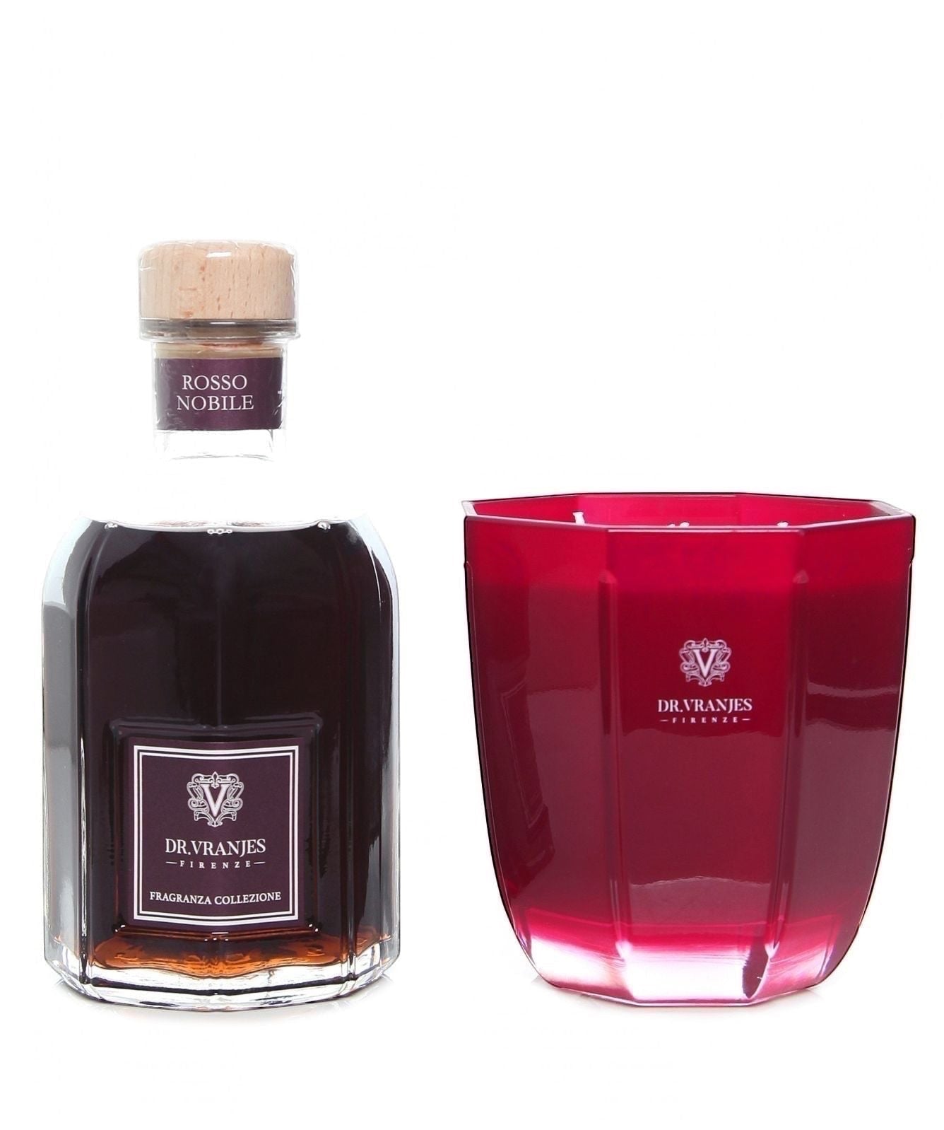 Eclectic Dr. Vranjes Rosso Nobile gift set featuring a 500ml reed diffuser and a ruby-red glass scented candle.
