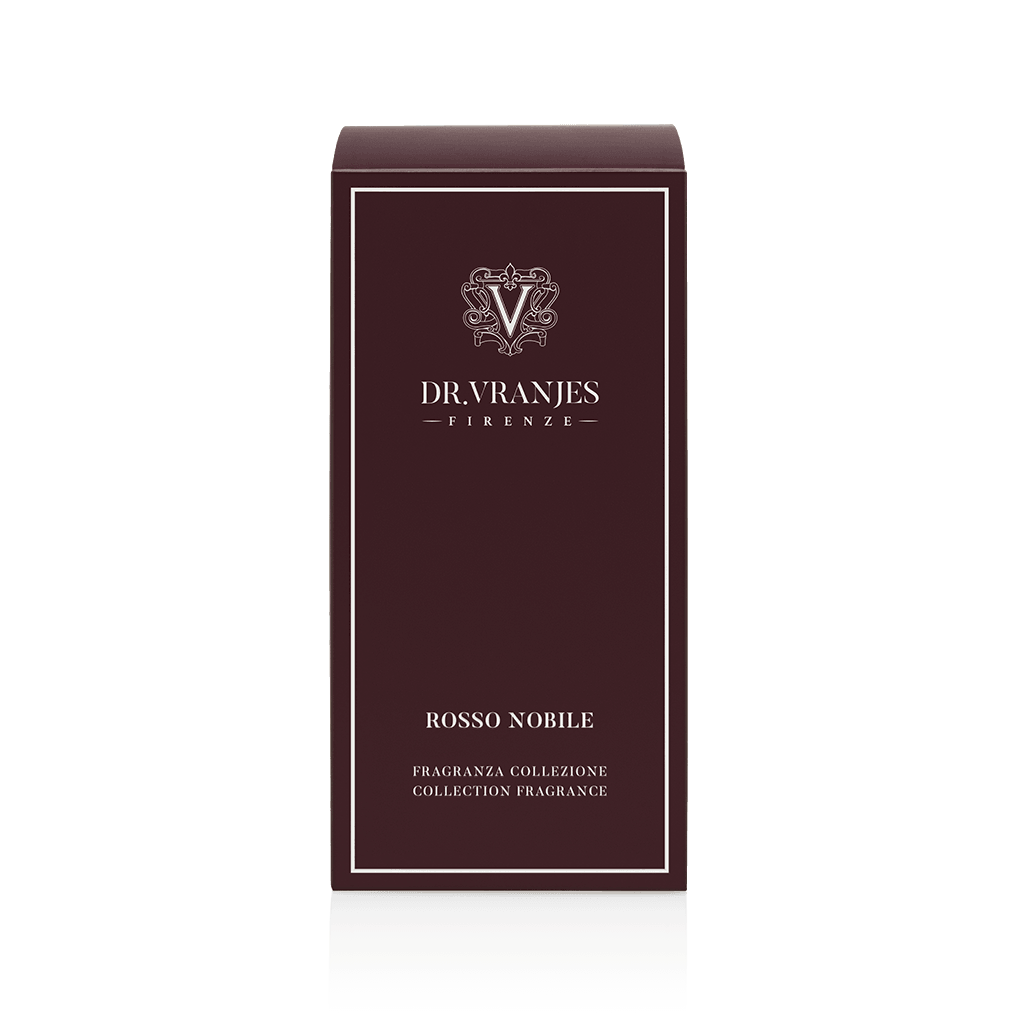 Eclectic Dr Vranjes Rosso Nobile reed diffuser packaging box in deep burgundy with elegant white branding
