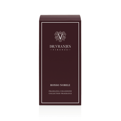 Eclectic Dr Vranjes Rosso Nobile reed diffuser packaging box in deep burgundy with elegant white branding