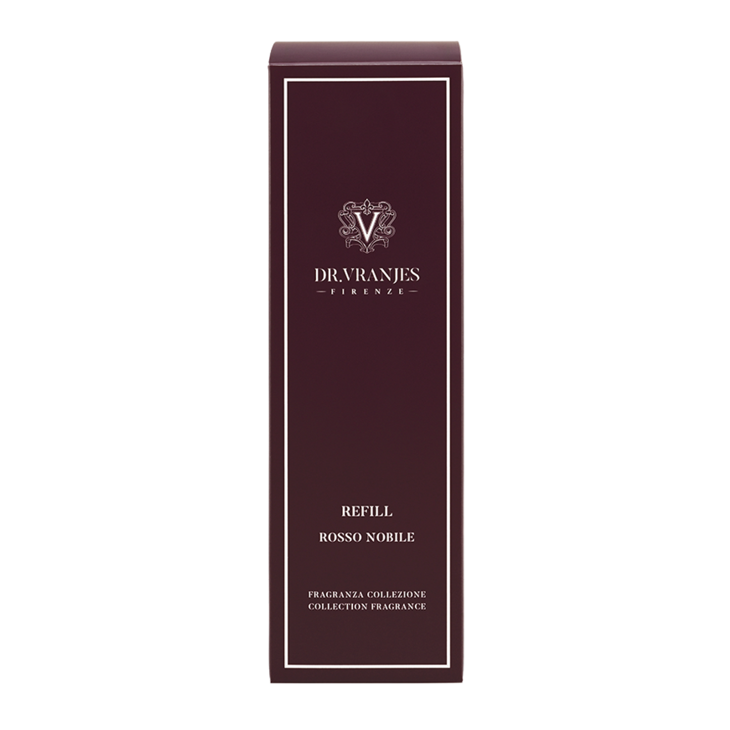 Eclectic Dr Vranjes Rosso Nobile diffuser refill box in deep burgundy with elegant white branding and text
