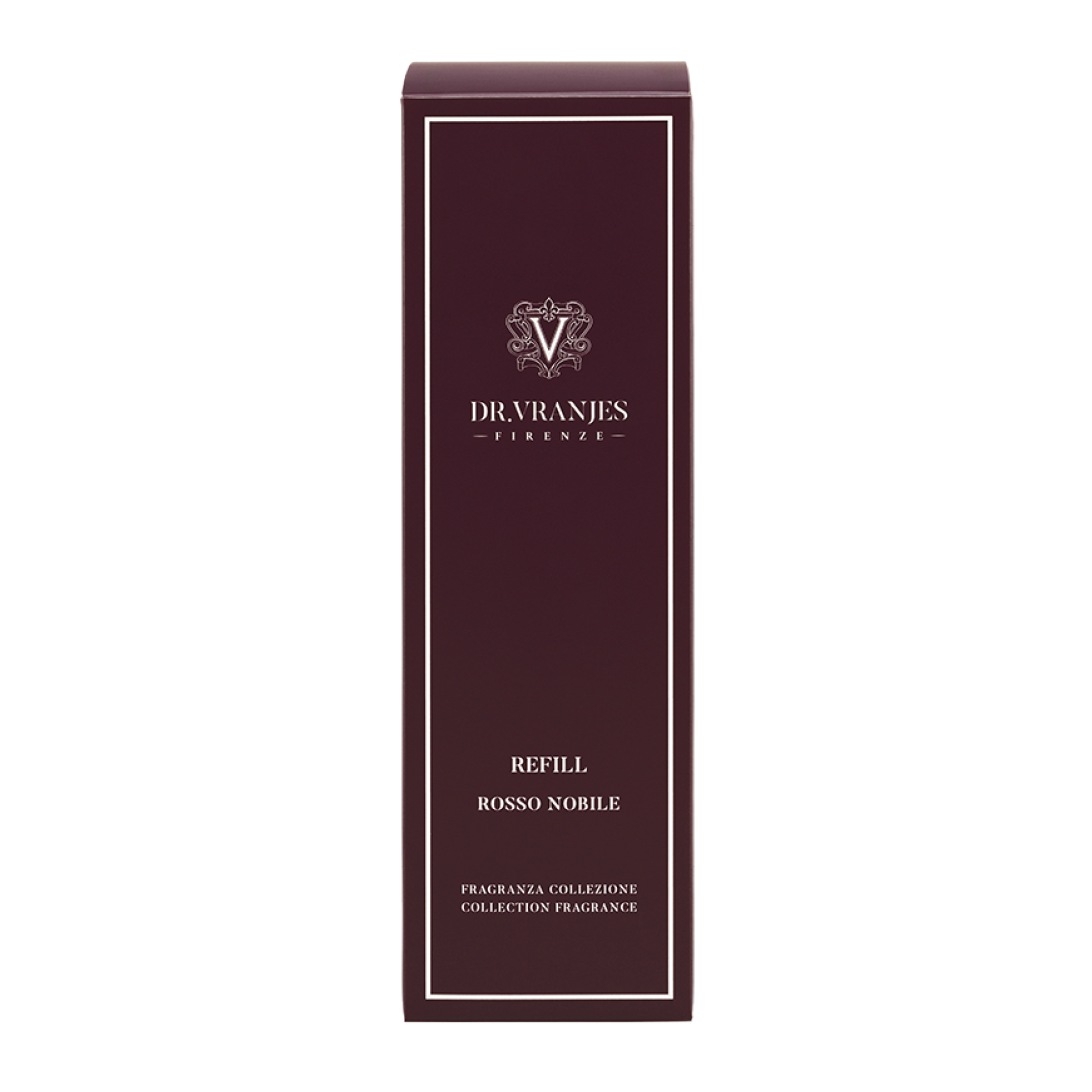 Eclectic Dr Vranjes Rosso Nobile diffuser refill box in deep burgundy with elegant white branding and text