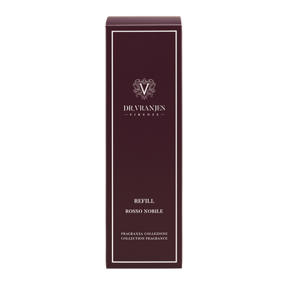 Eclectic Dr Vranjes Rosso Nobile diffuser refill box in deep burgundy with elegant white branding and text