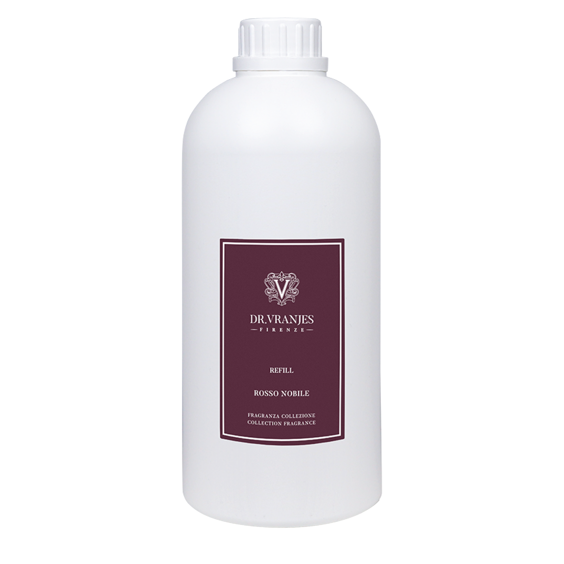 Eclectic Dr Vranjes Rosso Nobile diffuser refill bottle with a deep red label on a white plastic container.