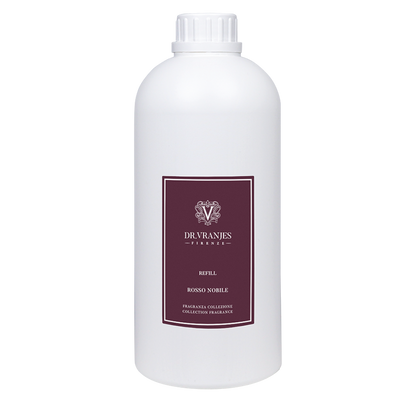 Eclectic Dr Vranjes Rosso Nobile diffuser refill bottle with a deep red label on a white plastic container.