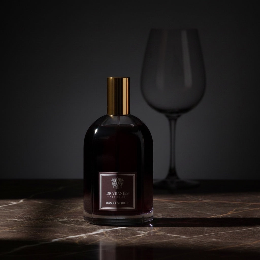Eclectic Dr. Vranjes Rosso Nobile room spray in a glass bottle with a gold cap on a dark marble surface.