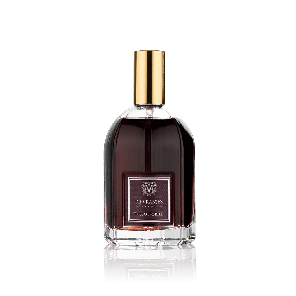 Eclectic Dr. Vranjes Rosso Nobile room spray in a glass bottle with deep burgundy liquid and a gold-toned cap.