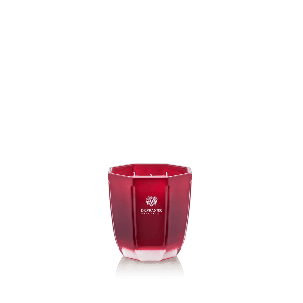 Eclectic Dr. Vranjes Rosso Nobile scented candle in a luxurious tourmaline-coloured glass vase on a black background.