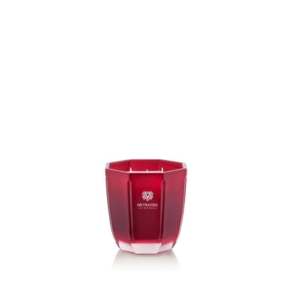 Eclectic Dr. Vranjes Rosso Nobile scented candle in a luxurious tourmaline-coloured glass vase on a black background.