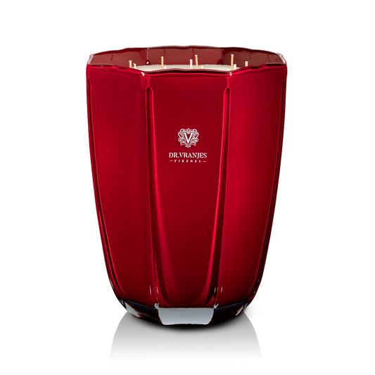 Eclectic Dr. Vranjes Rosso Nobile scented candle in a luxurious tourmaline red glass vase with multiple wicks.