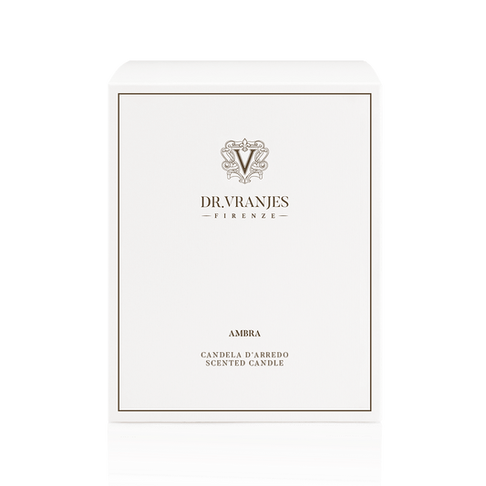 Eclectic Dr. Vranjes Rosa Tabacco scented candle in a white branded gift box with elegant logo detailing.
