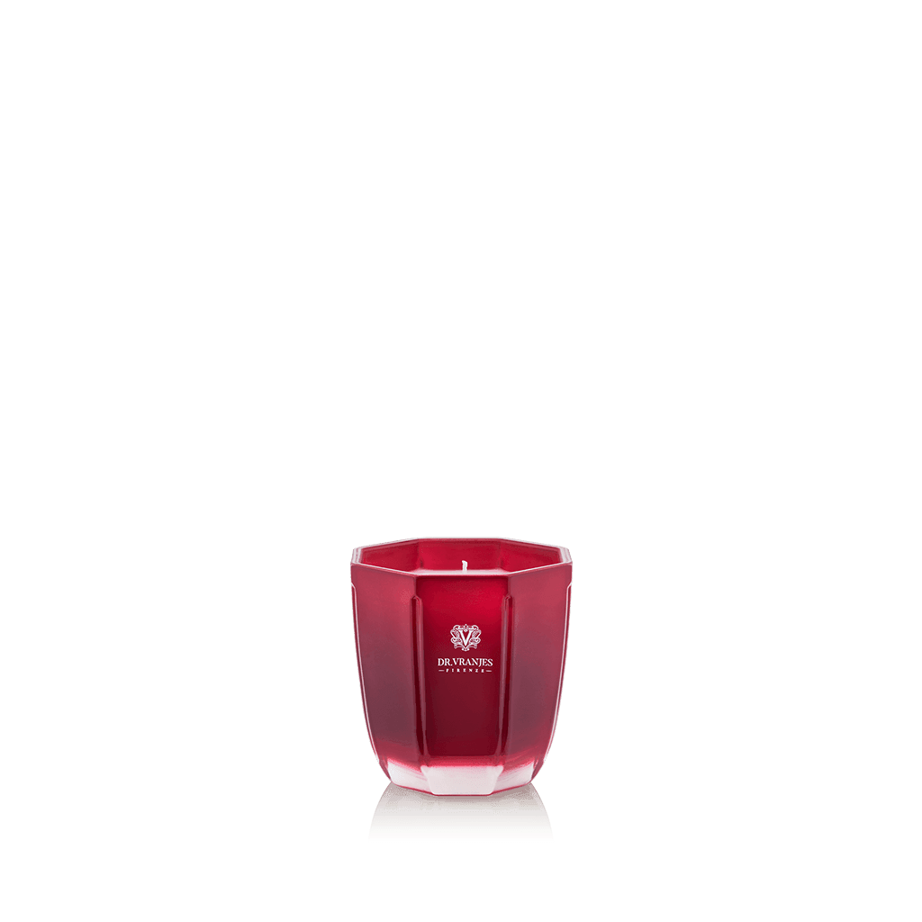 Eclectic Dr. Vranjes Melograno scented candle in a tourmaline-coloured glass vase with a hexagonal design.