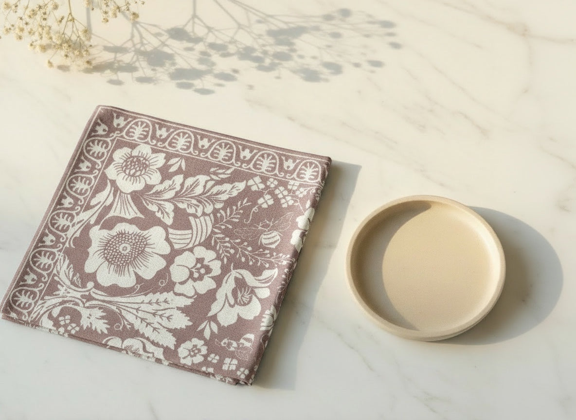Eclectic dusty pink napkin with white botanical floral print and linen-look finish on a marble surface
