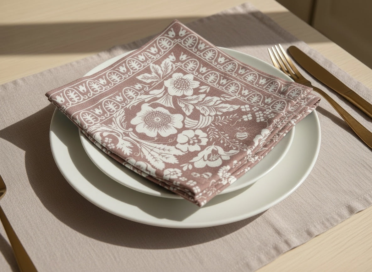 Eclectic dusty pink napkin with white botanical floral print on a white plate with gold cutlery on a table setting.