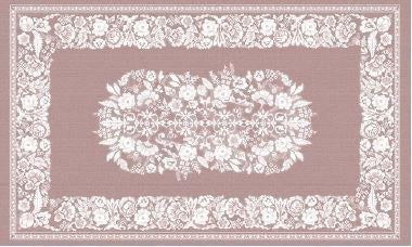 Eclectic dusty pink rectangular tablecloth with a white floral pattern and a textured linen-look finish.