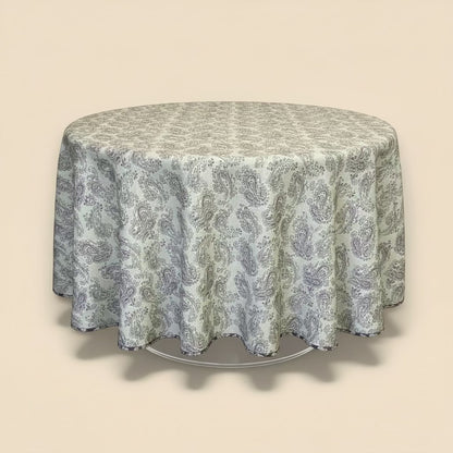 Eclectic round tablecloth in dusty plum with a detailed paisley pattern and a soft linen-look finish.