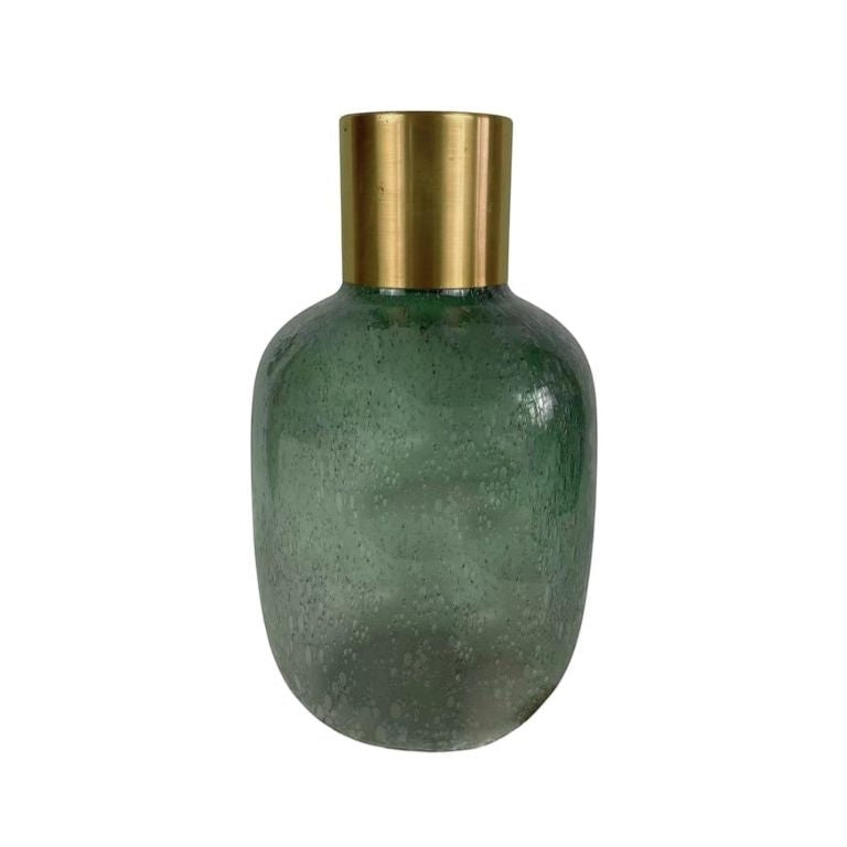 Eclectic emerald green textured glass vase with a brushed brass collar and a rounded silhouette.