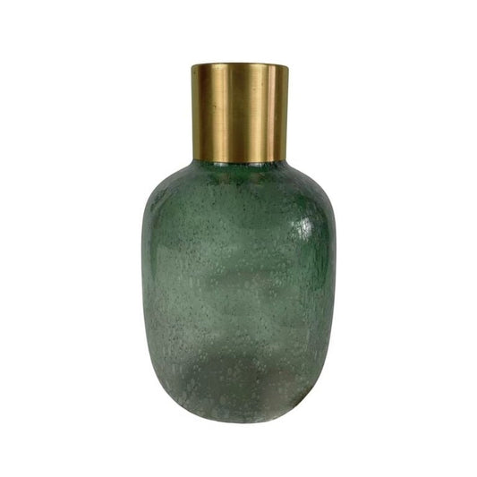 Eclectic emerald green textured glass vase with a brushed brass collar and a rounded silhouette.