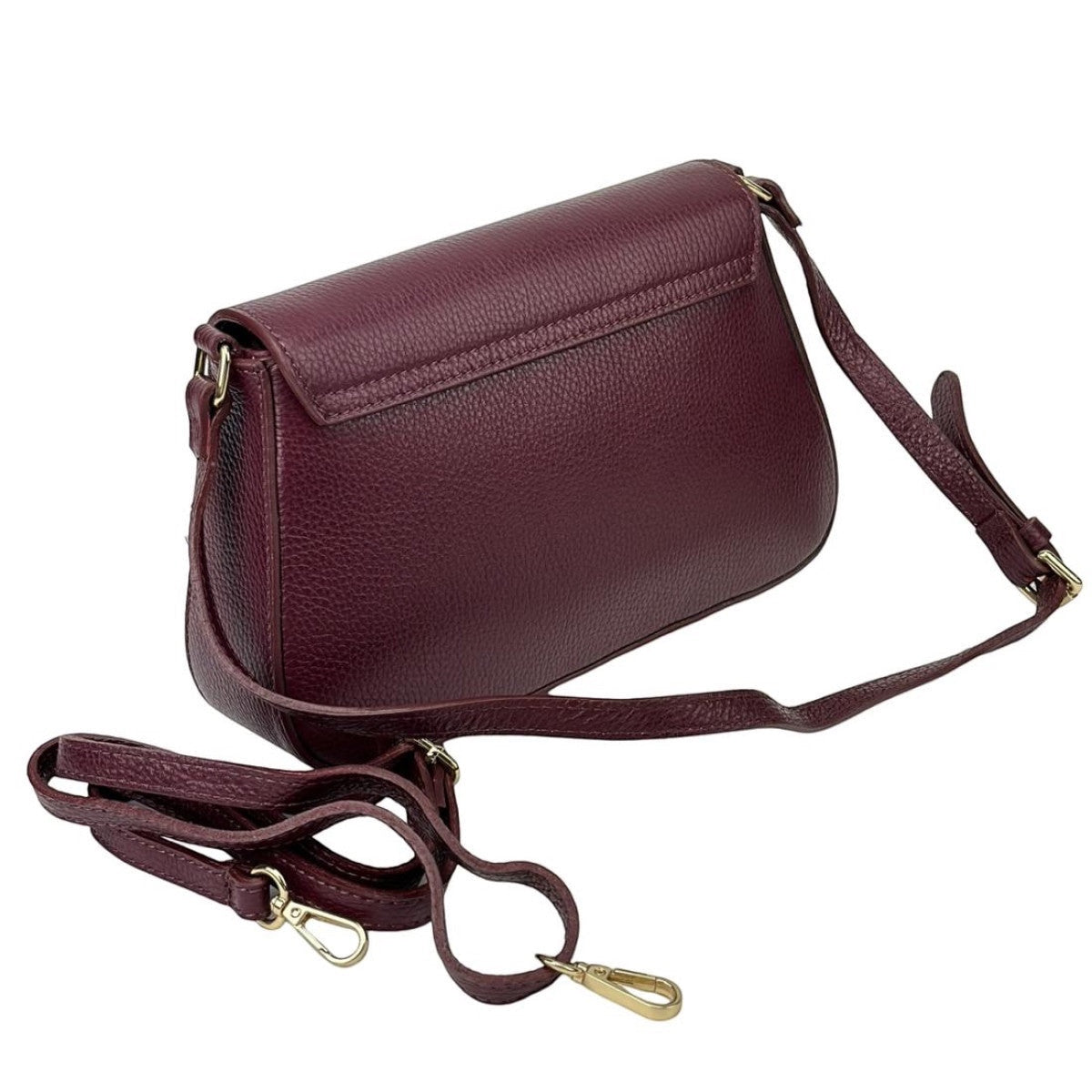 Eclectic Firenze burgundy grained leather crossbody bag with adjustable strap and gold-tone hardware, back view.