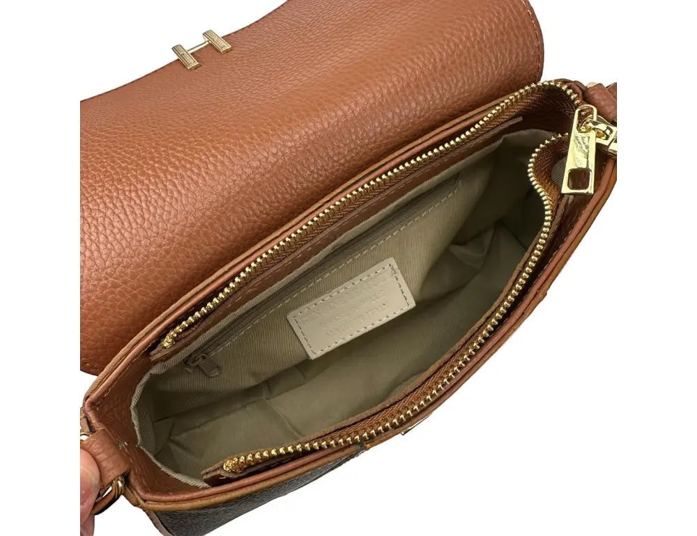 Eclectic Firenze tricolour leather crossbody bag interior view showing gold zip and tan grained leather lining