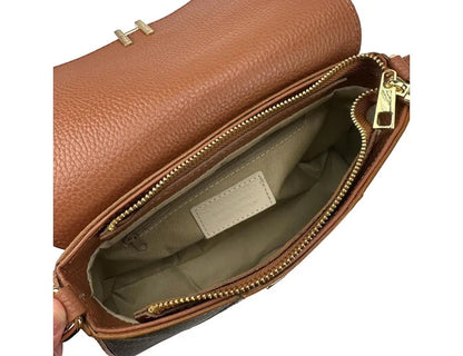 Eclectic Firenze tricolour leather crossbody bag interior view showing gold zip and tan grained leather lining