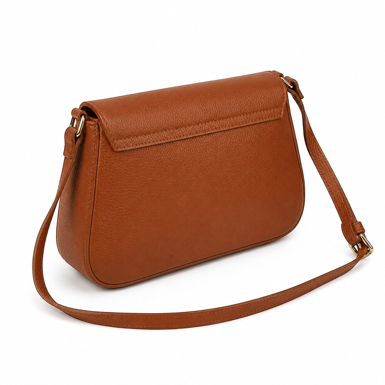 Eclectic Firenze tan grained leather crossbody bag with adjustable strap and gold-tone hardware, back view