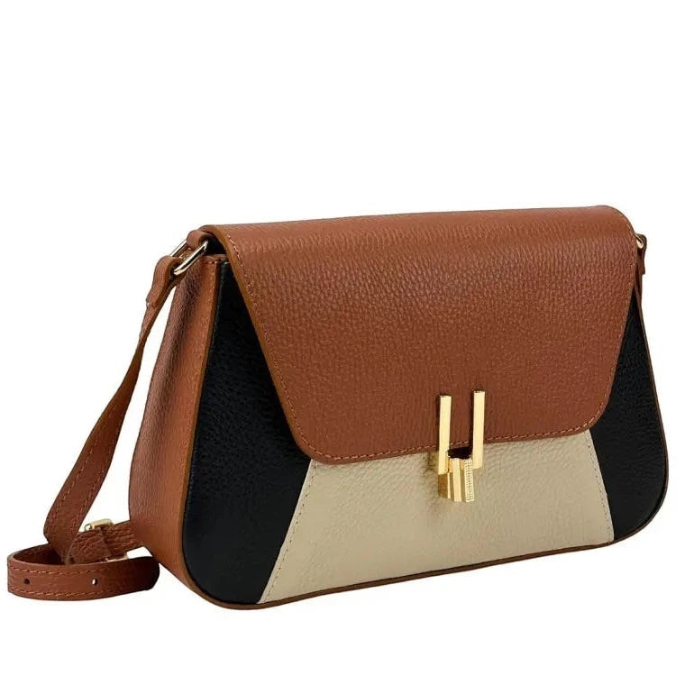 Eclectic Firenze tricolour grained leather crossbody bag in tan, black, and cream with gold-tone hardware.