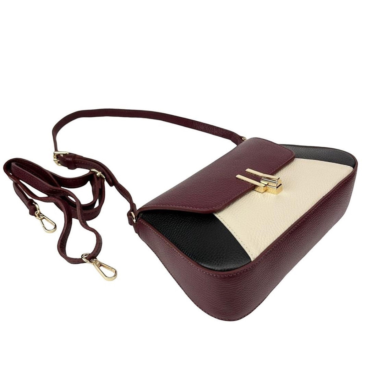 Eclectic Firenze tricolour grained leather crossbody bag in burgundy, black, and cream with gold-tone hardware.