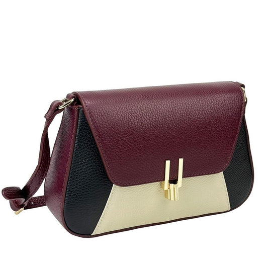 Eclectic Firenze tricolour leather crossbody bag in burgundy, black, and cream with gold-tone hardware.