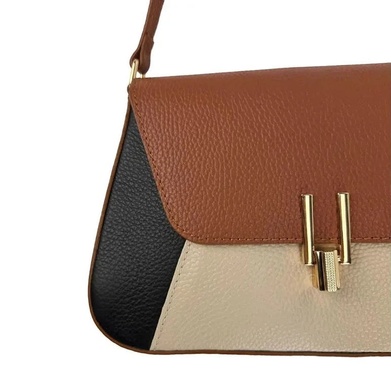 Eclectic Firenze tricolour grained leather crossbody bag in tan, black, and cream with polished gold-tone hardware.