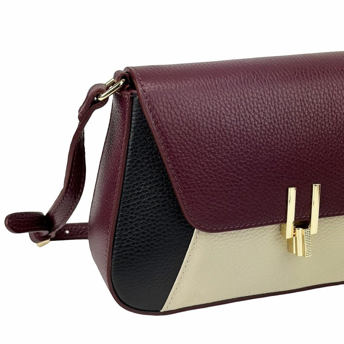 Eclectic Firenze tricolour grained leather crossbody bag in burgundy, black, and cream with gold-tone hardware.